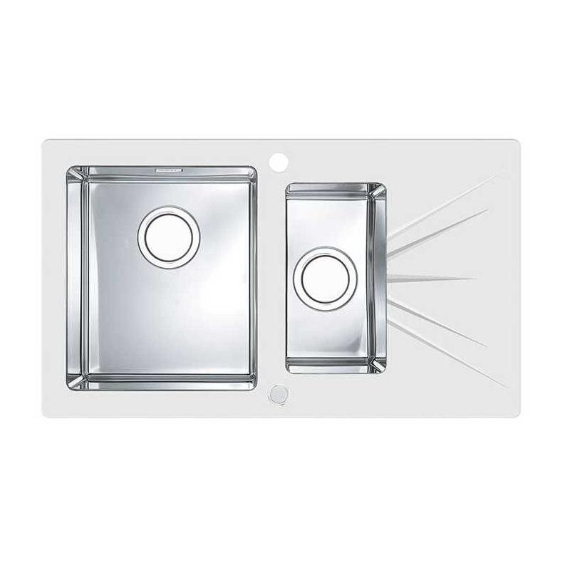 Изображение товара Мойка кухонная Alveus Karat 20 1123804/1123805, 86 х 50 см, левая/правая, нержавеющая сталь/белое стекло