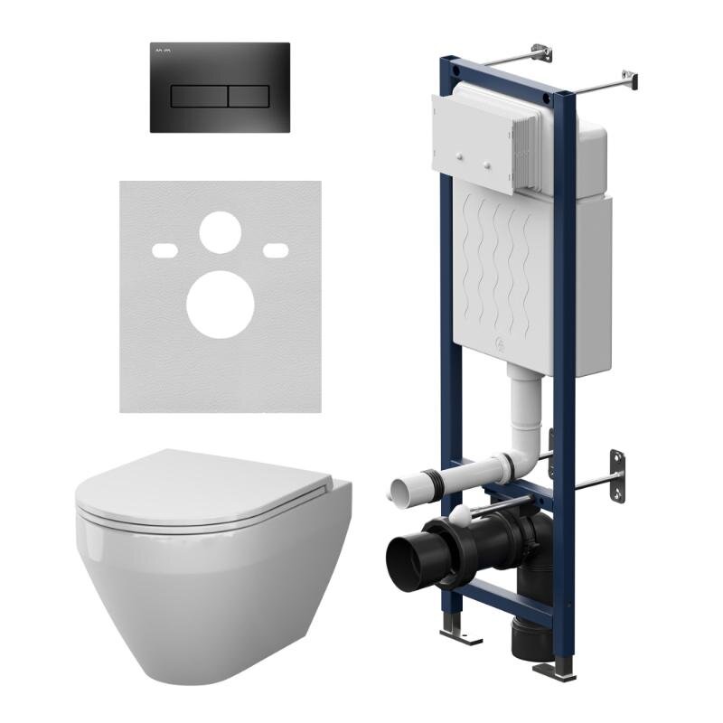 Изображение товара Комплект IS110338.701900: Инсталляция Am.Pm ErgoFit с подвесным безободковым унитазом Am.Pm Spirit V2.0 Aquaspin, белый, смыв торнадо, сиденье микролифт, клавиша смыва черная матовая