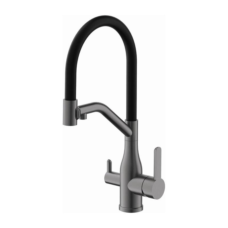 Изображение товара Смеситель Belz B815 B78815-3 для кухонной мойки, гибкий излив, с подключением фильтра, черный/оружейная сталь