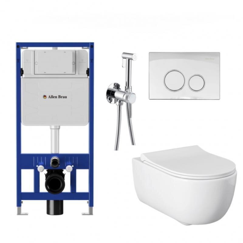 Изображение товара Комплект Allen Brau Priority 301296+301297+306274+306276+296357: инсталляция Allen Brau с безободковым унитазом Allen Brau Priority белый, с гигиеническим душем, сиденье микролифт, клавиша хром