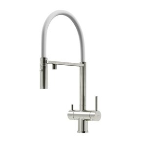 Изображение товара Смеситель для кухонной мойки Sancos Imola SC4010BNwh, с подключением к фильтру, гибкий излив, PVD никель брашированный/белый