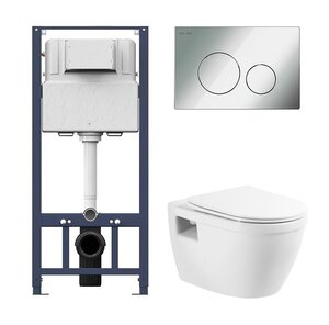 Изображение товара Инсталляция Am.Pm с безободковым унитазом BelBagno Loto BB070CHR, сиденье микролифт клавиша хром, комплект Santehnica.ru