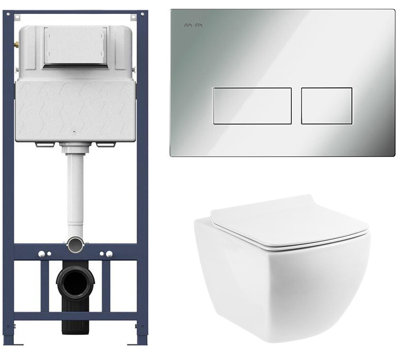 Изображение товара Инсталляция Am.Pm с безободковым унитазом BelBagno Carina BB514CHR, сиденье микролифт клавиша хром, комплект Santehnica.ru