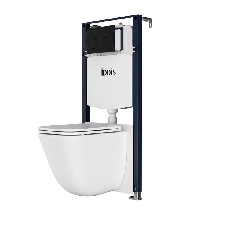 Изображение товара Комплект Iddis Basic BASTQ02i73: инсталляция, подвесной безободковый унитаз Torr Q белый, сиденье микролифт, клавиша черная матовая