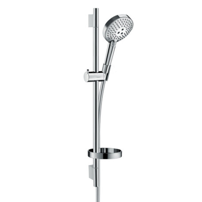 Изображение товара Душевой гарнитур Hansgrohe Raindance Select S 120 3jet PowderRain 27654000, штанга 65 см, корпус хром, лицевая часть белая, 3 режима струи