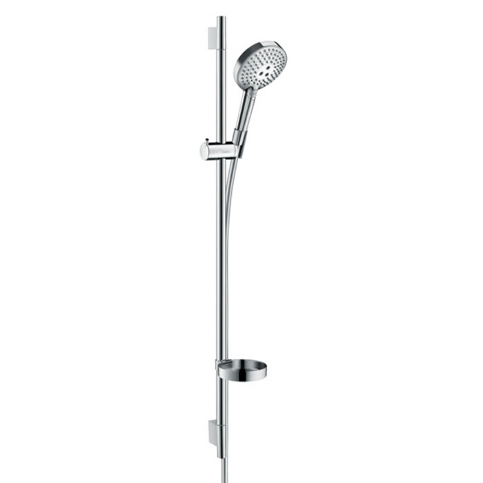 Изображение товара Душевой гарнитур Hansgrohe Raindance Select S 120 3jet PowderRain 27667000, штанга 90 см, корпус хром, лицевая часть белая, 3 режима струи