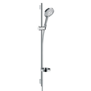 Изображение товара Душевой гарнитур Hansgrohe Raindance Select S 120 3jet PowderRain 27667000, штанга 90 см, корпус хром, лицевая часть белая, 3 режима струи