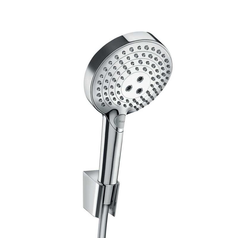 Изображение товара Душевой гарнитур Hansgrohe Raindance Select S 120 PowderRain Porter 27668000, корпус хром, лицевая часть хром шланг 160 см, 3 режима струи, хром