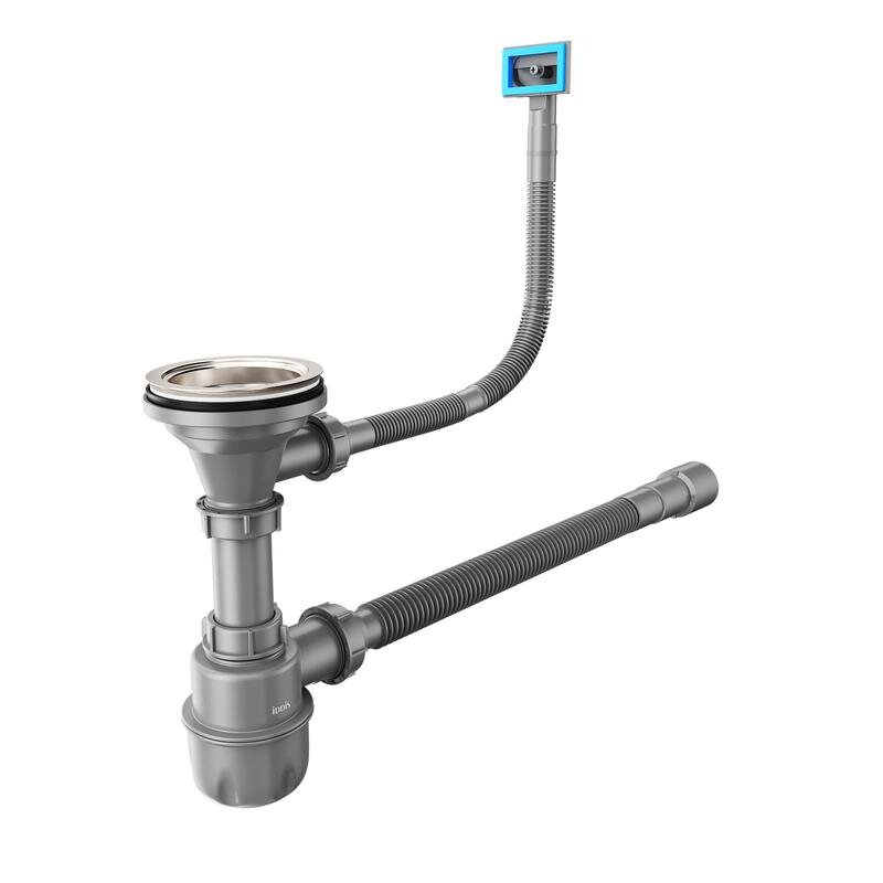 Изображение товара Сифон для кухонной мойки Iddis Optima Home 900CVG0P10VD, с выпуском, гофротрубой и переливом, цвет серый матовый