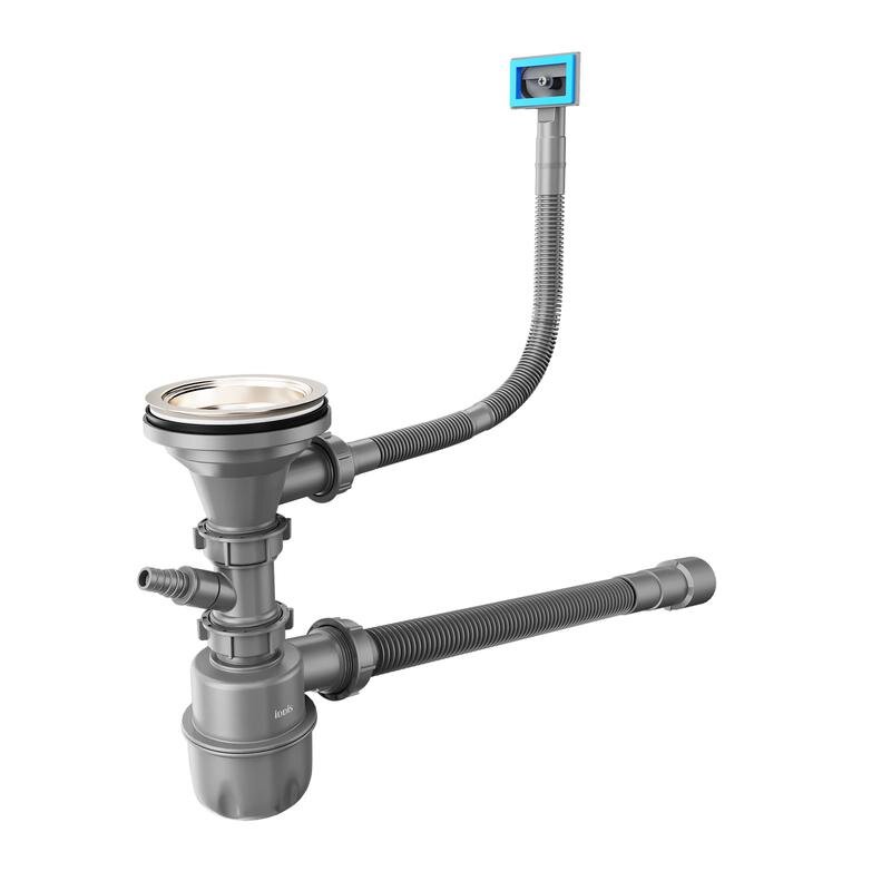 Изображение товара Сифон для кухонной мойки Iddis Optima Home 900CVG1P10VD, с выпуском, гофротрубой, отводом и переливом, цвет серый матовый