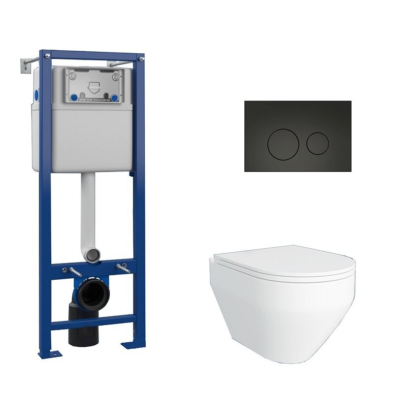 Изображение товара Комплект Maretti Calabria 3 в 1, CA29EA56052: инсталляция AC11P5211, унитаз безободковый CA10PBM29-844, белый, сиденье с микролифтом, кнопка смыва AC12EA-560, цвет черный матовый