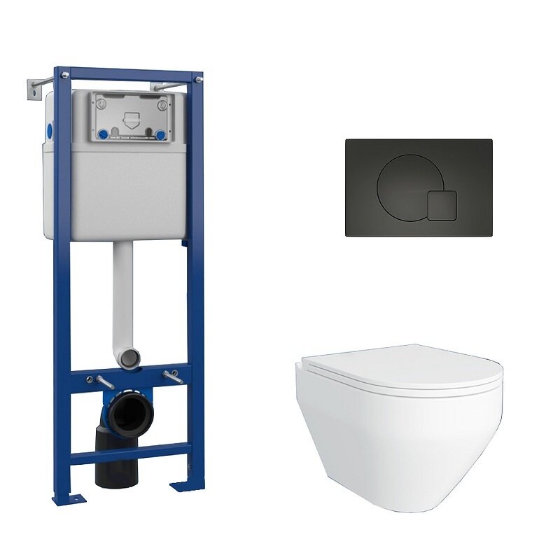 Изображение товара Комплект Maretti Calabria 3 в 1, CA29EL56052: инсталляция AC11P5211, унитаз безободковый CA10PBM29-844, белый, сиденье с микролифтом, кнопка смыва AC12EL-560, цвет черный матовый