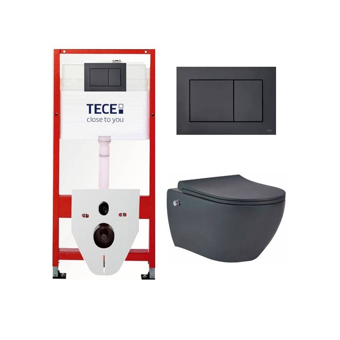 Изображение товара Инсталляция TECE с унитазом BeWash Bogen TC414343670, с функцией биде, сиденье микролифт, клавиша черная матовая, черный матовый