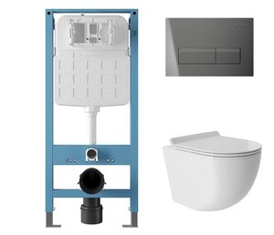 Изображение товара Комплект Aqueduto AQDSD011: инсталляция Tecnica Novo, безободковый унитаз Ovo Daily с сиденьем микролифт, смыв торнадо, клавиша оружейная сталь