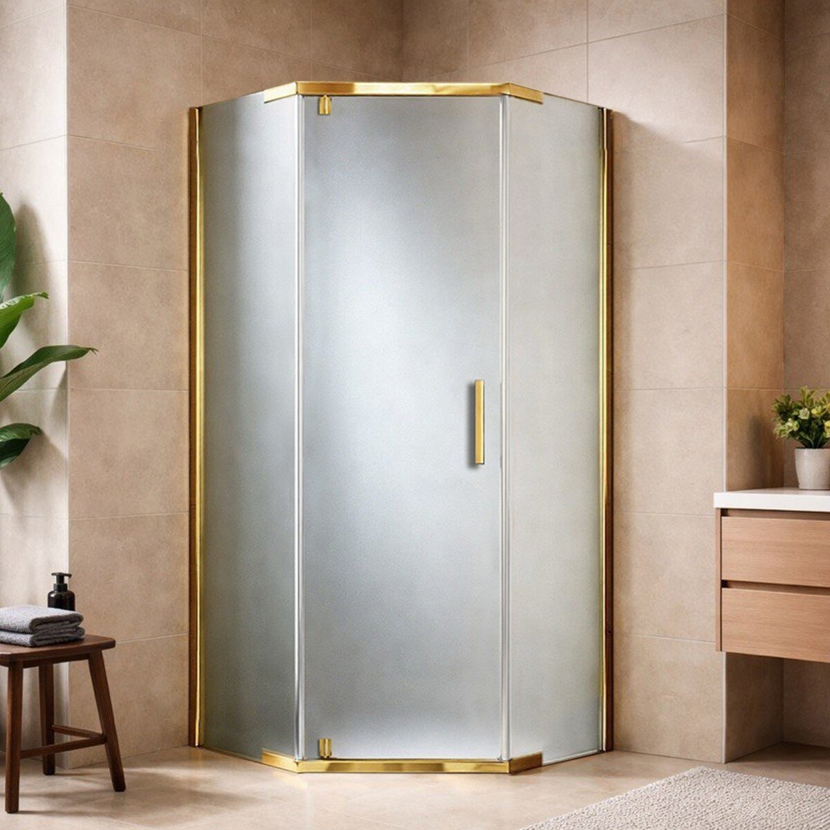 Изображение товара Душевой уголок Royal Bath пятиугольный с матовым стеклом и золотым профилем