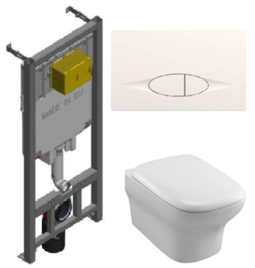 Изображение товара Инсталляция Jacob Delafon с безободковым унитазом Jacob Delafon Vox EDM102, сиденье микролифт клавиша белая, комплект 302549