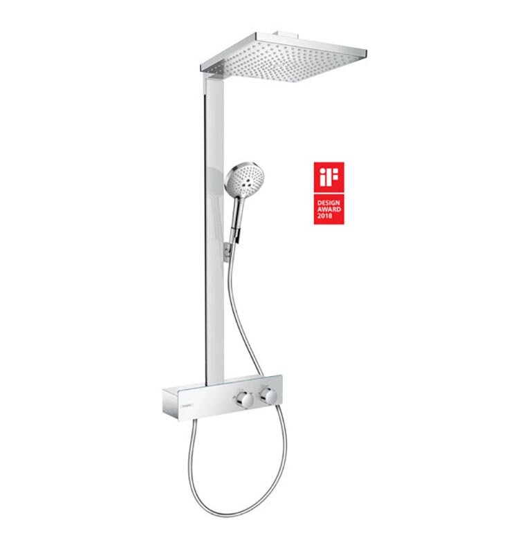 Изображение товара Душевая система Hansgrohe Raindance E 27362000 Showerpipe 300, с термостатом ShowerTablet 350, 9 л/мин EcoSmart, лицевая часть зеркало, хром