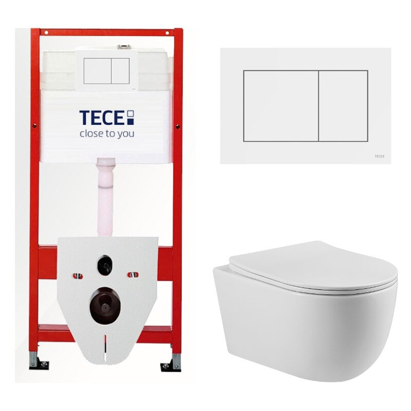 Изображение товара Комплект TC413313201: Инсталляция Tece с безободковым подвесным унитазом BeWash Bogen белый, сиденье микролифт, клавиша смыва белая