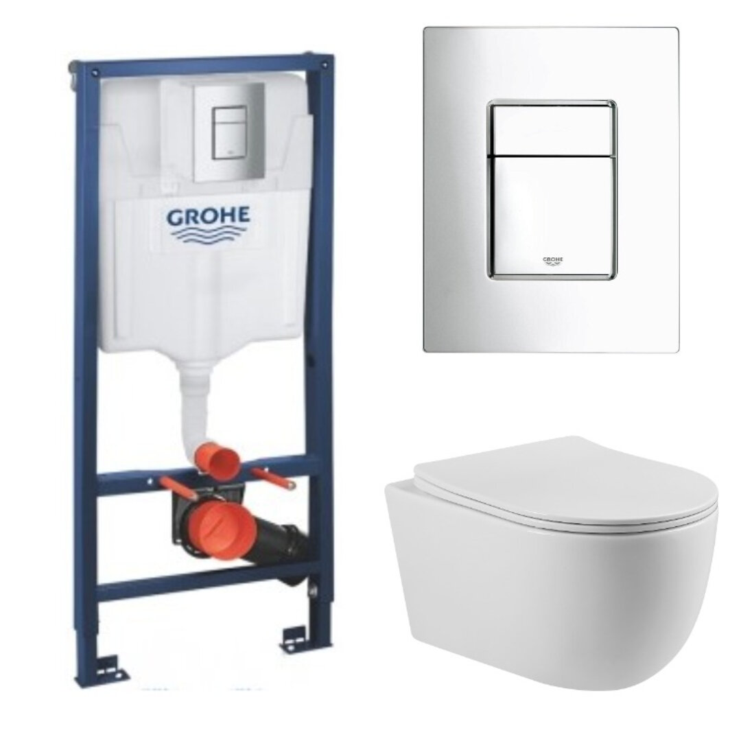 Изображение товара Комплект GRH772313201: Инсталляция Grohe Rapid SL с безободковым подвесным унитазом BeWash Bogen белый, сиденье микролифт, клавиша смыва хром