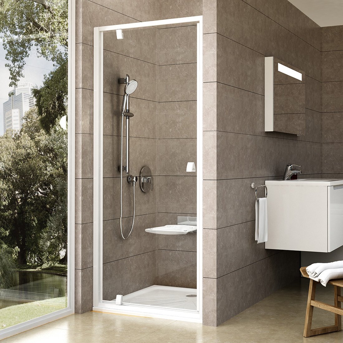 Изображение товара Душевая дверь Ravak Pivot PDOP1-90 с белым профилем и витражом