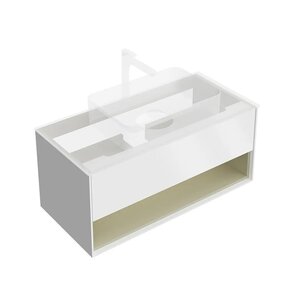 Изображение товара Тумба под раковину Kerama Marazzi Plaza Modern/Плаза Модерн KMPMCb100MSg1, 100 см, подвесная, с открытой полкой, с подсветкой, 1 ящик, цвет белый матовый/шалфей