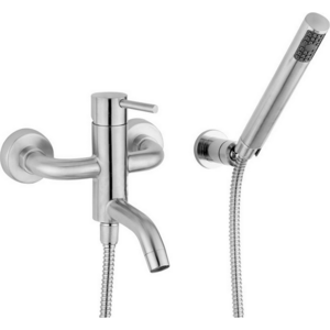 Изображение товара Смеситель Cisal Xion XI000124D1 настенный для ванны/душа с ручной лейкой, держателем и шлангом 150 см, цвет нержавеющая сталь