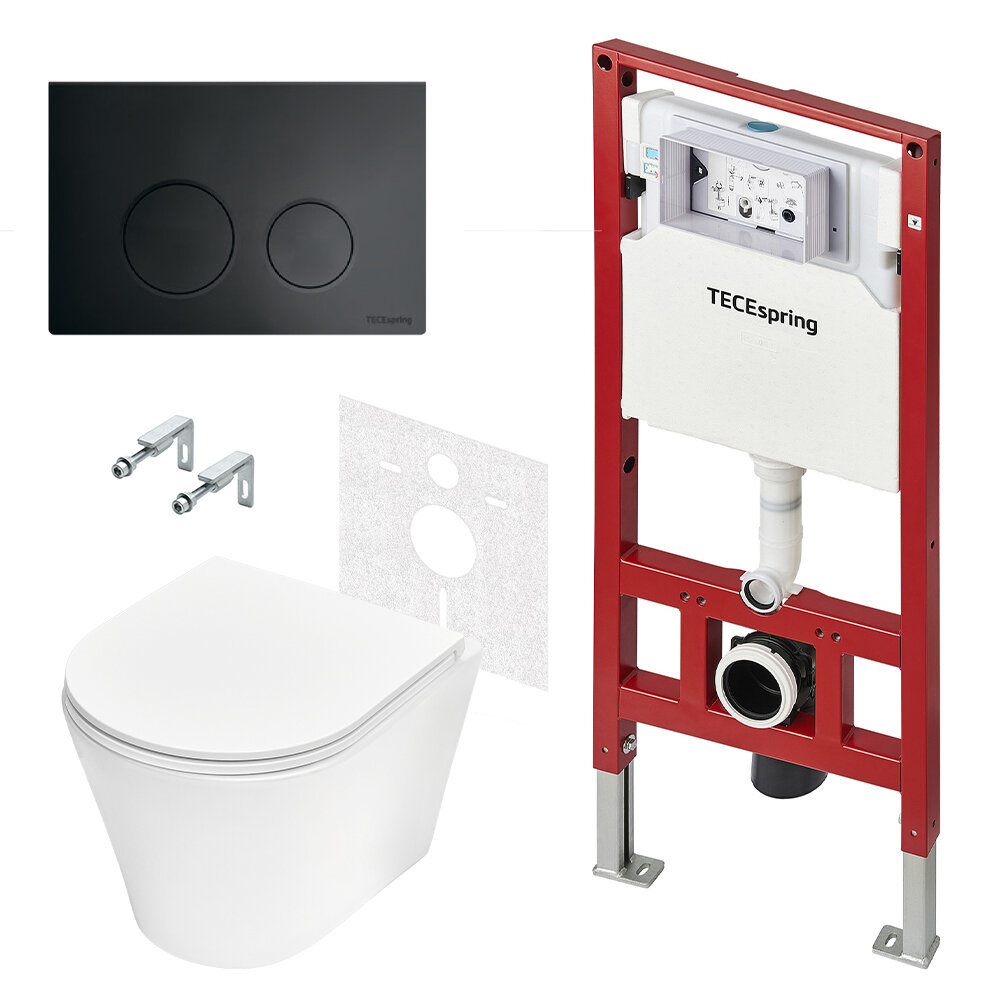 Изображение товара Инсталляция TECEspring base K401115WCK, унитаз модель K, безободковый, смыв торнадо, сиденье микролифт, клавиша LT черная матовая
