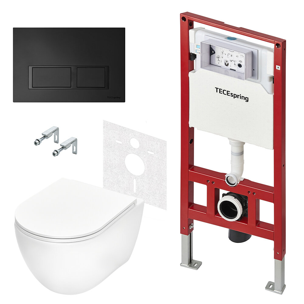 Изображение товара Инсталляция TECEspring base K401204WCR, унитаз модель R, безободковый, смыв торнадо, сиденье микролифт, клавиша V черная матовая