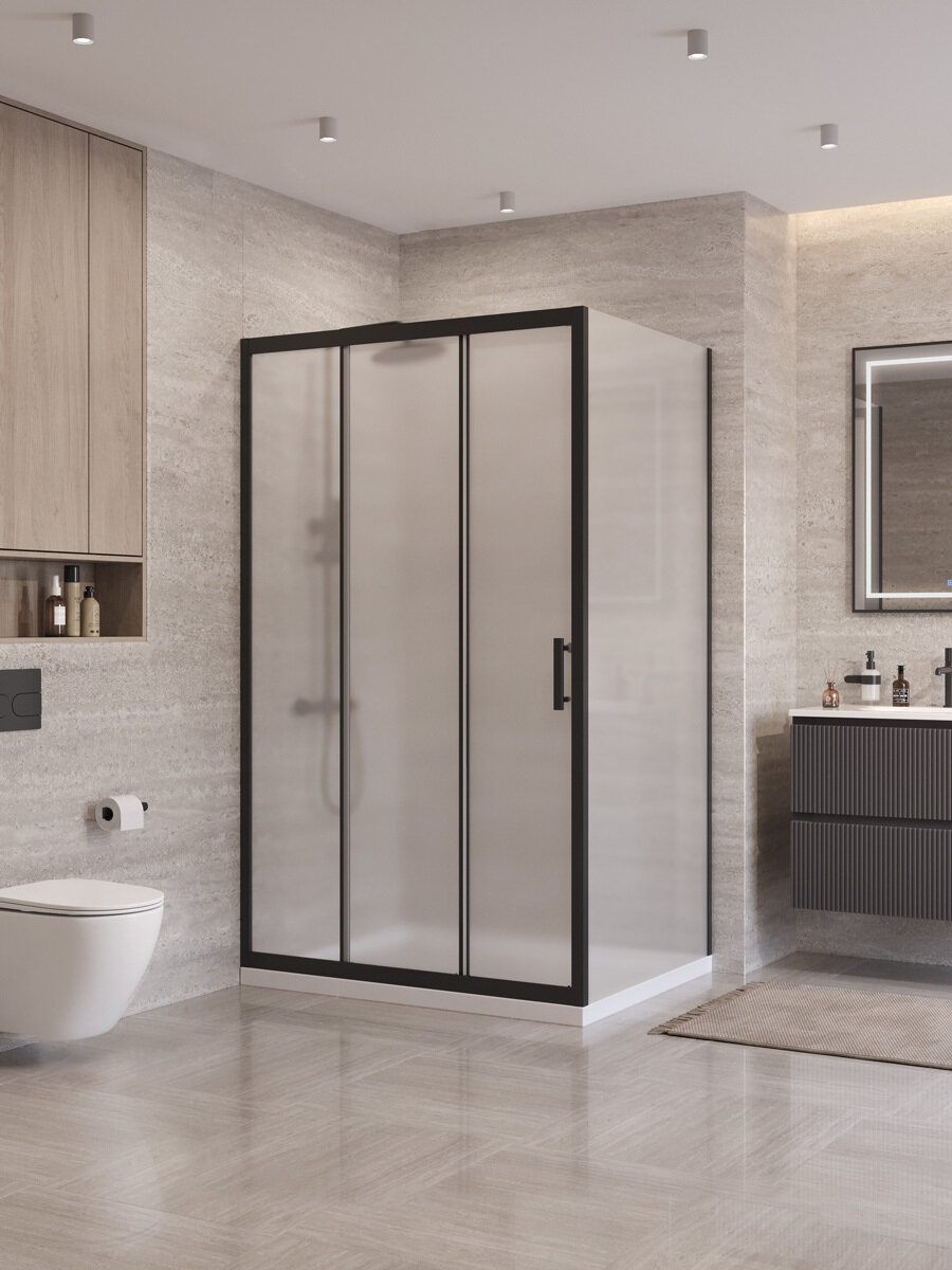Изображение товара Душевой уголок BelBagno Uno 120x90 см с рифлёным стеклом и черным матовым профилем