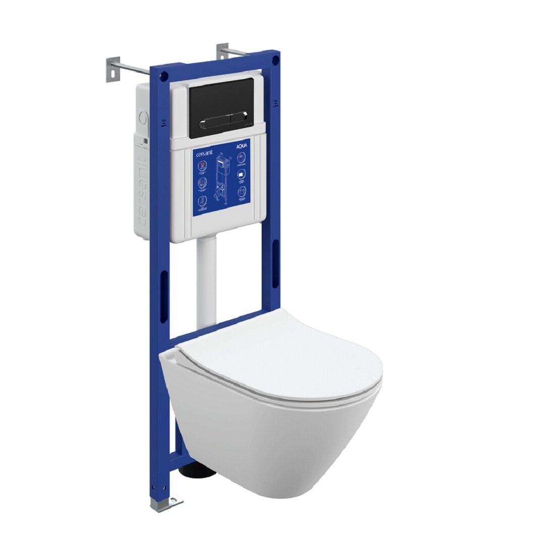 Изображение товара Инсталляция Cersanit Aqua 40 Smart M 69324, с безободковым унитазом City Smart DPL EO slim, сиденье микролифт, клавиша Estetica чёрный матовый с рамкой хром LP