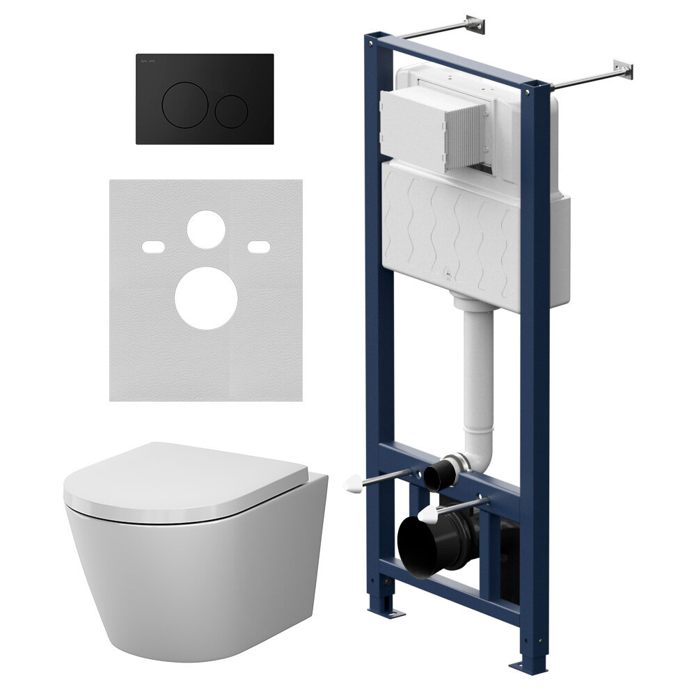 Изображение товара Инсталляция с подвесным унитазом AM.PM X-Joy Aquaspin IS49038.851900, безободковый, крышка микролифт, белый, смыв торнадо, клавиша смыва Pro L черный матовый