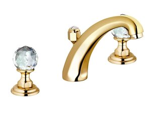 Изображение товара Смеситель Kludi Adlon 5104345G4 для раковины DN 15, на 3 отверстия, высокий излив, ручки хрусталь, цвет золото 23 карата