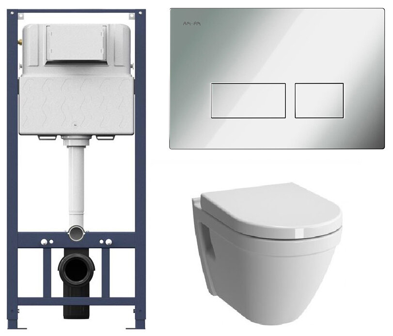 Изображение товара Инсталляция Am.Pm с безободковым унитазом VitrA S50 7740B003-0075 безободковый, сиденье микролифт клавиша хром, комплект Santehnica.ru