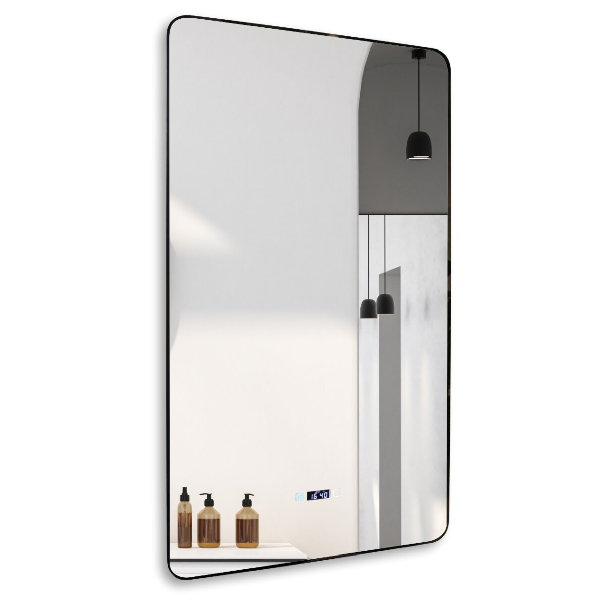 Изображение товара Зеркало Jorno Гроссето GrsBl.02.600x1000/W/JR, 60 x 100 см, с LED-подсветкой, сенсорный выключатель, подогрев, часы, диммер, цвет рамы черный Изображение товара Зеркало Jorno Гроссето GrsBl.02.600x1000/W/JR, 60 x 100 см, с LED-подсветкой, сенсорный выключатель, подогрев, часы, диммер, цвет рамы черный
