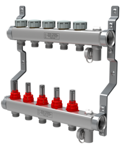 Изображение товара Коллектор Royal Thermo RTE 52.111 в сборе с расходомерами 1" ВР-3/4" НР, 11 выходов, нержавеющая сталь