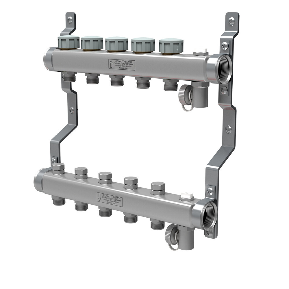 Изображение товара Коллектор Royal Thermo RTE 51.112 универсальный с 12 выходами из нержавеющей стали 1" ВР-3/4" НР Ит