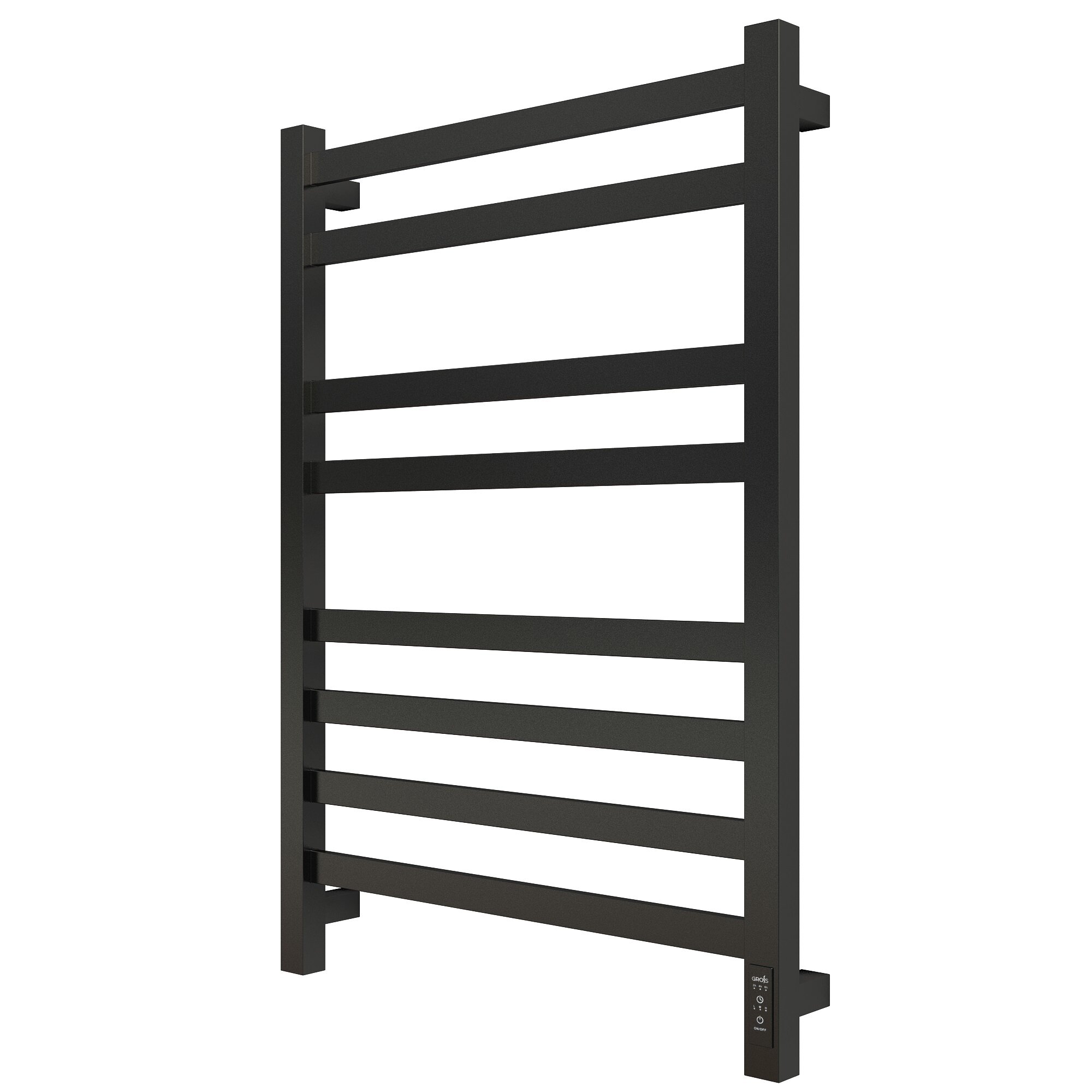 Изображение товара Электрический полотенцесушитель Grois Bruno GR-122 40/80 П8 9005 U, ширина 40 см, высота 80 см, универсальное подключение, диммер справа, черный матовый Изображение товара Электрический полотенцесушитель Grois Bruno GR-122 40/80 П8 9005 U, ширина 40 см, высота 80 см, универсальное подключение, диммер справа, черный матовый