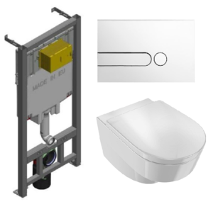 Изображение товара Инсталляция Jacob Delafon с безободковым унитазом Jacob Delafon Odeon Rive Gauche EDR102, сиденье микролифт клавиша белая, комплект 322870