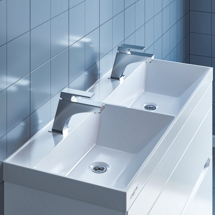 Изображение товара Умывальник СанТа Юпитер 100 двойная чаша угловая установка из искусственного камня