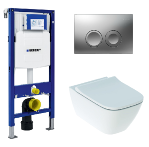 Изображение товара Инсталляция Geberit с безободковым унитазом Geberit Smyle Square Rimfree, сиденье микролифт, клавиша хром, комплект Santehnica.ru, 458.124.21.1/500.683.00.2