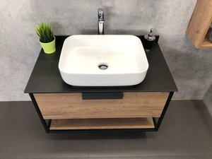 Изображение товара Тумба с раковиной Comfortу Кёльн, 90 см, дуб темный со столешницей под мрамор Калакатта Блэк из компакт-плиты, 00004149965 (00004149965CF)