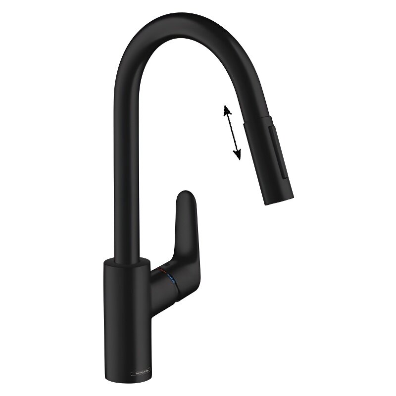 Изображение товара Смеситель для кухонной мойки Hansgrohe Focus, 31815670, с вытяжным изливом, черный матовый Изображение товара Смеситель для кухонной мойки Hansgrohe Focus, 31815670, с вытяжным изливом, черный матовый