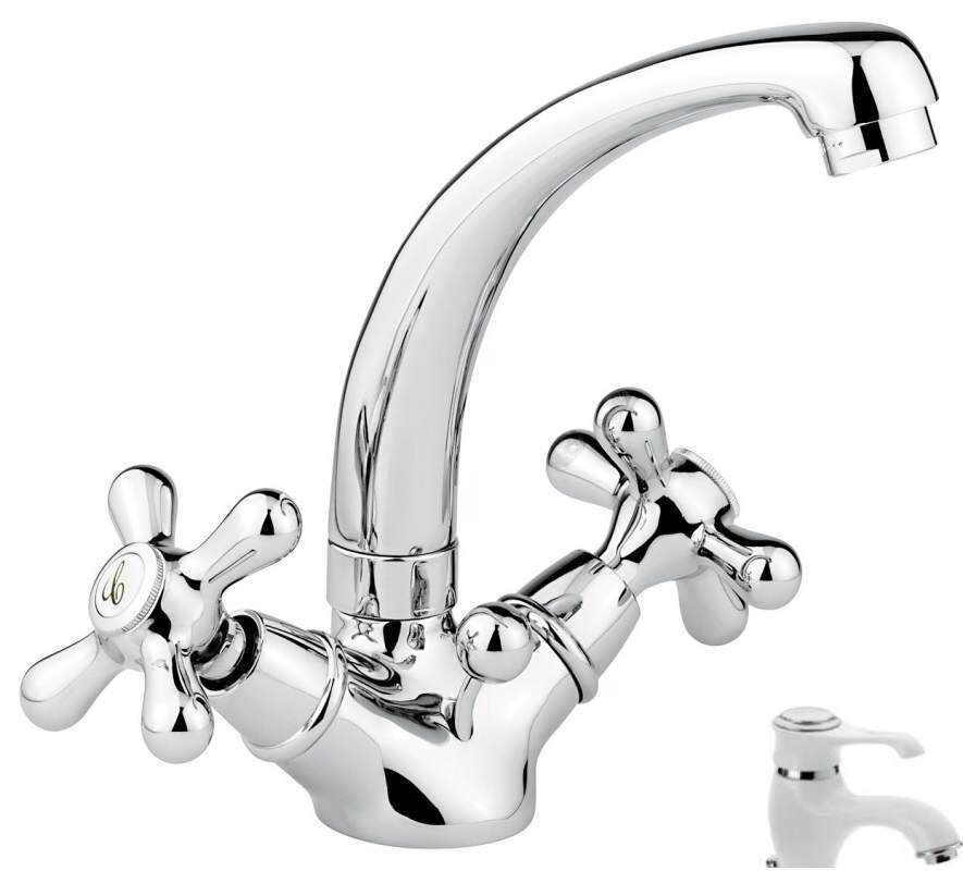 Изображение товара Смеситель для раковины Emmevi Deco Classic белый/золото, поворотный излив Изображение товара Смеситель для раковины Emmevi Deco Classic белый/золото, поворотный излив
