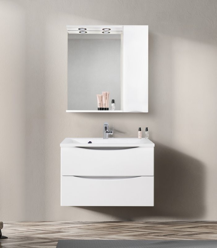 Изображение товара Зеркальный шкаф BelBagno Marino MARINO-SPC-800/750-1A-BL-P-L/R, 80 х 75 см, левый/правый с LED-подсветкой, Bianco Lucido - белый глянец