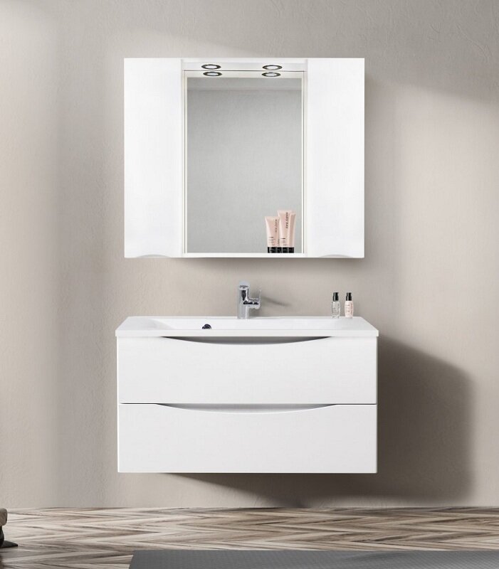 Изображение товара Зеркальный шкаф BelBagno Marino MARINO-SPC-1000/750-2A-BL-P, 100 х 75 см, с LED-подсветкой, Bianco Lucido - белый глянец