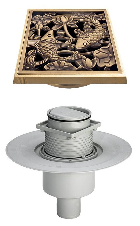 Изображение товара Трап Viega Advantix 583224 с бронзовой решеткой Bronze de Luxe Рыбы, монтаж в пол