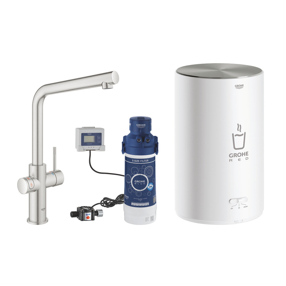 Изображение товара Смеситель для кухонной мойки Grohe Red II Duo, 30327DC1, с водонагревателем, нержавеющая сталь