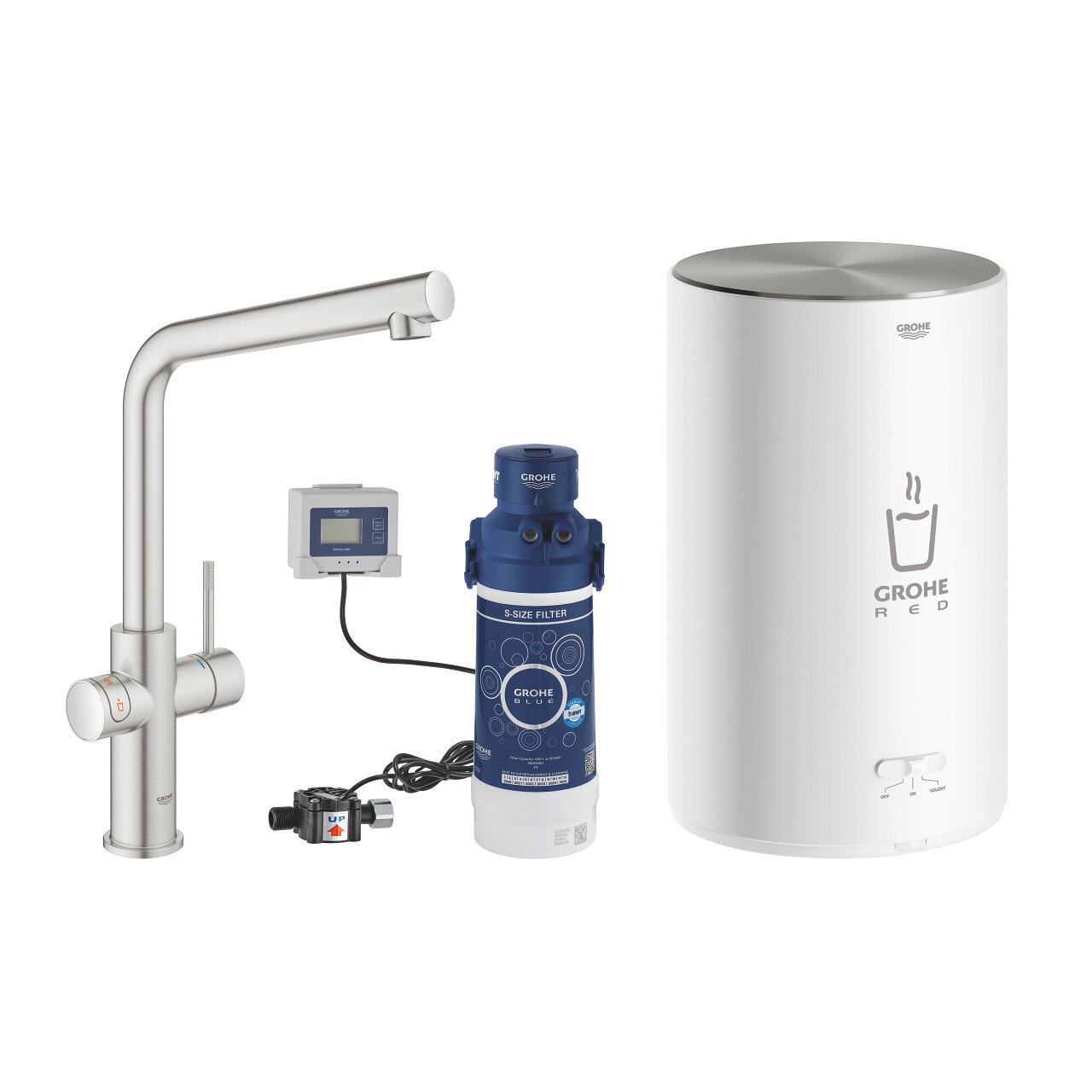 Изображение товара Смеситель для кухонной мойки Grohe Red II Duo, 30327DC1, с водонагревателем, нержавеющая сталь
