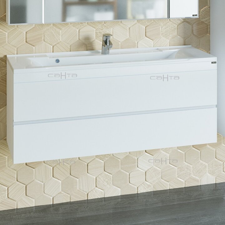 Изображение товара Тумба под раковину Санта Марс 120 см с 2 ящиками подвесная белая