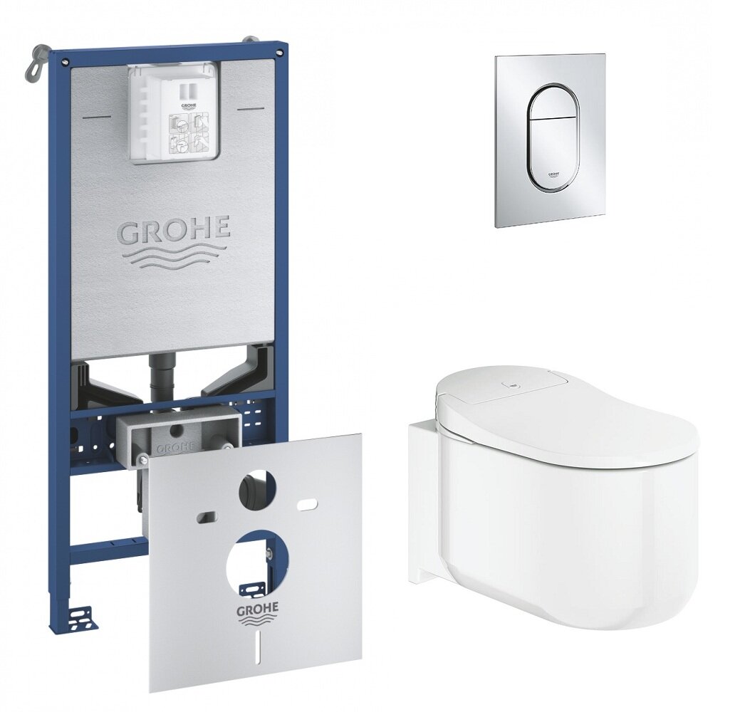 Изображение товара Инсталляция Grohe с безободковым унитазом Sensia Arena, 120172, с функцией биде, клавиша цвет хром глянцевый, комплект